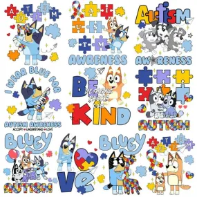 10 Autism Awareness Bluey Dog Cartoon Designs Bundle PNG DXF EPS PDF SVG