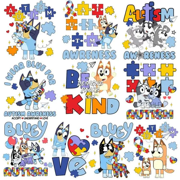 10 Autism Awareness Bluey Dog Cartoon Designs Bundle PNG DXF EPS PDF SVG
