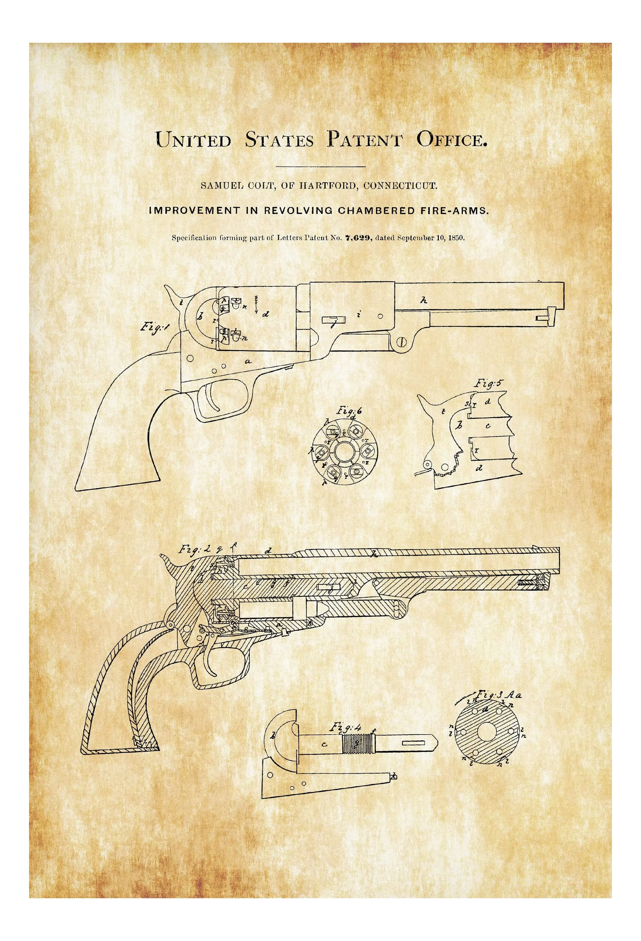 1850 Colt Revolver Patent - Patent Print, Wall Decor, Gun Art, Firearm Art, Colt Patent, Firearm Patent, Colt Firearm, Colt Revolver