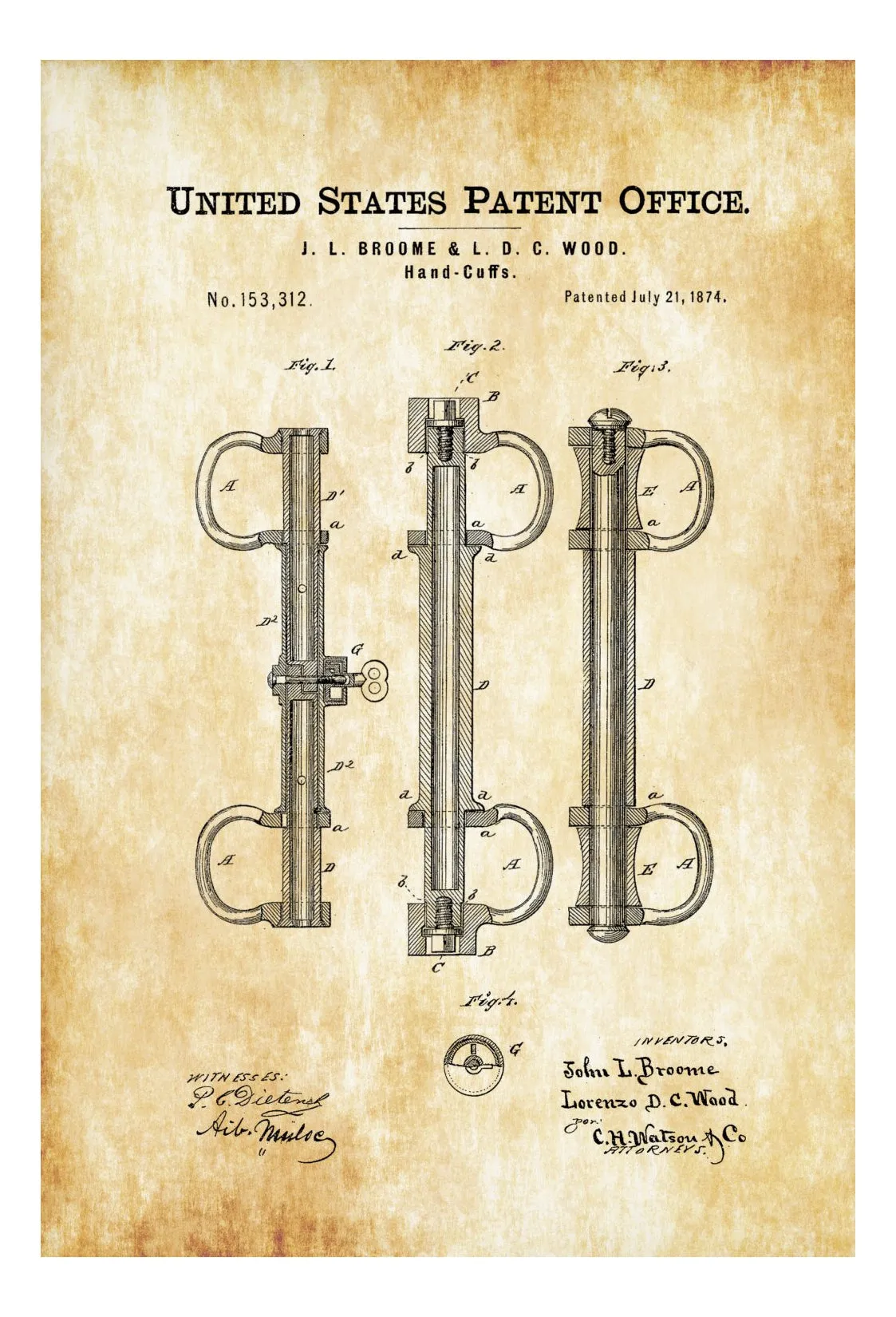 1874 Handcuffs Patent Print - Wall Decor, Bizarre Art, Bizarre Decor, Restraint Patent, Law Enforcement Gift, Police Gift, Prison Art