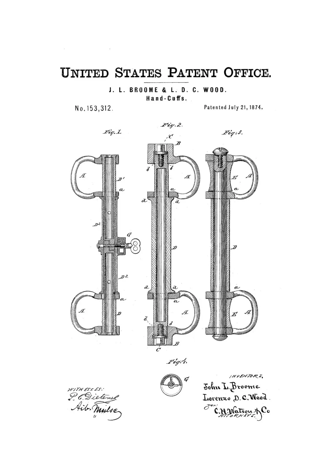 1874 Handcuffs Patent Print - Wall Decor, Bizarre Art, Bizarre Decor, Restraint Patent, Law Enforcement Gift, Police Gift, Prison Art