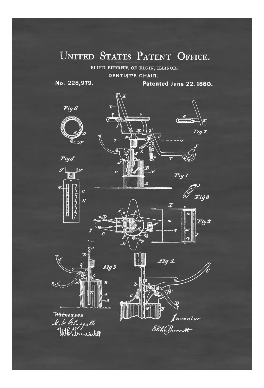 1880 Dentist Chair Patent - Patent Print, Wall Decor, Dentist Office Decor, Medical Art, Dental Art