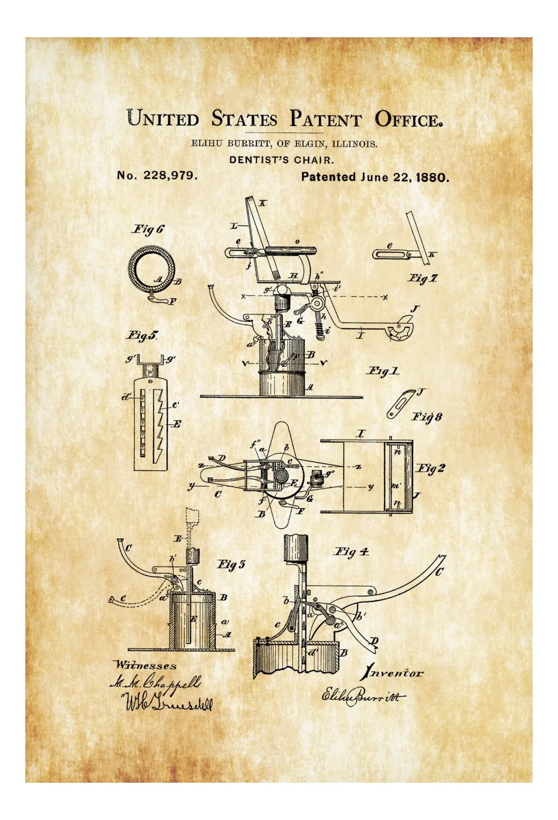 1880 Dentist Chair Patent - Patent Print, Wall Decor, Dentist Office Decor, Medical Art, Dental Art