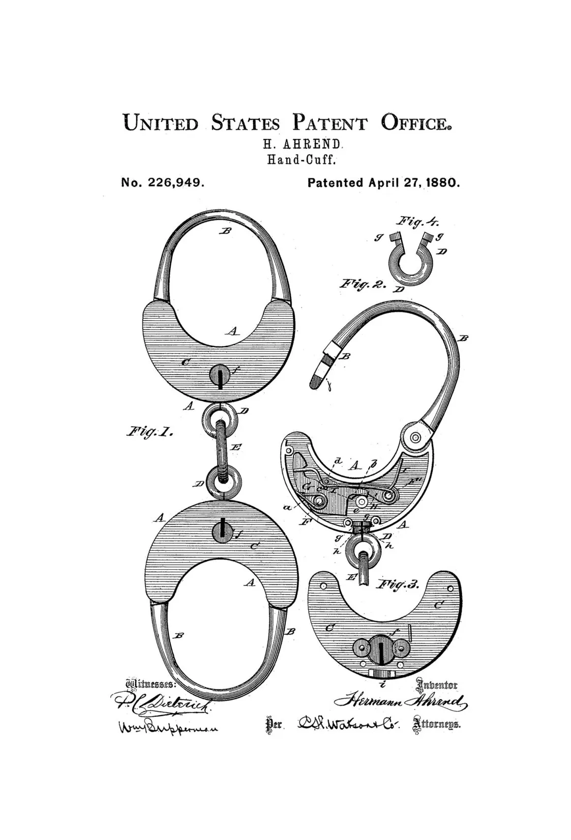 1880 Handcuff Patent - Patent Print, Wall Decor, Bizarre Art, Bizarre Decor, Medical Equipment, Restraint Patent, Law Enforcement Gift