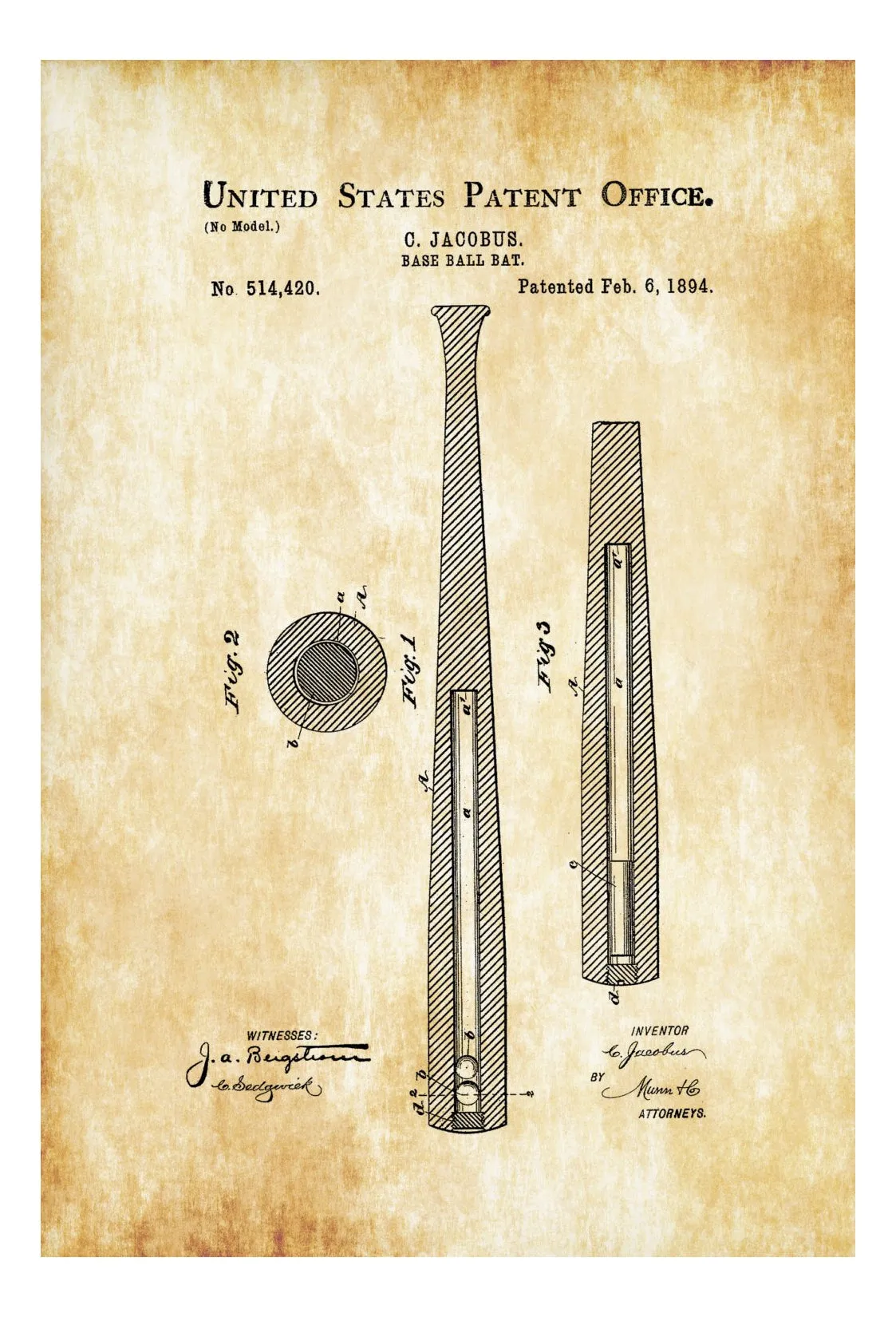 1894 Baseball Bat Patent - Patent Print, Wall Decor, Baseball Art, Bat Patent, Baseball Fan Gift, Baseball Bat Blueprint
