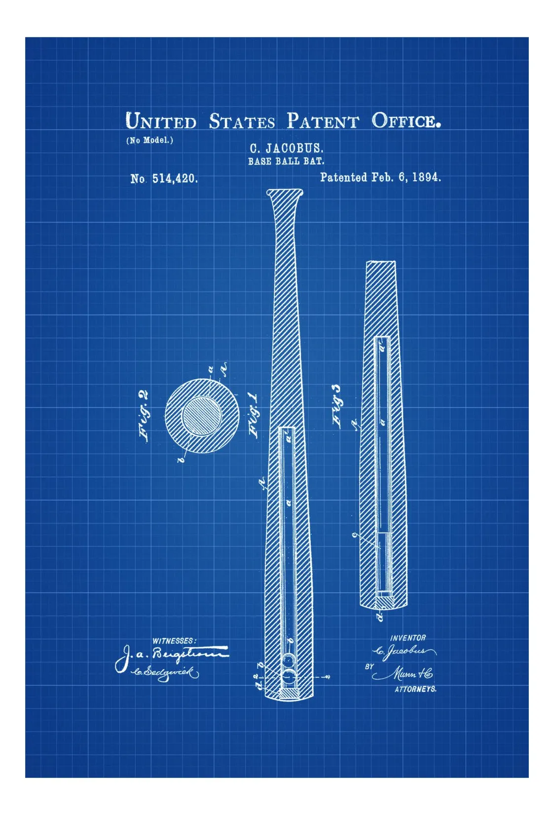 1894 Baseball Bat Patent - Patent Print, Wall Decor, Baseball Art, Bat Patent, Baseball Fan Gift, Baseball Bat Blueprint