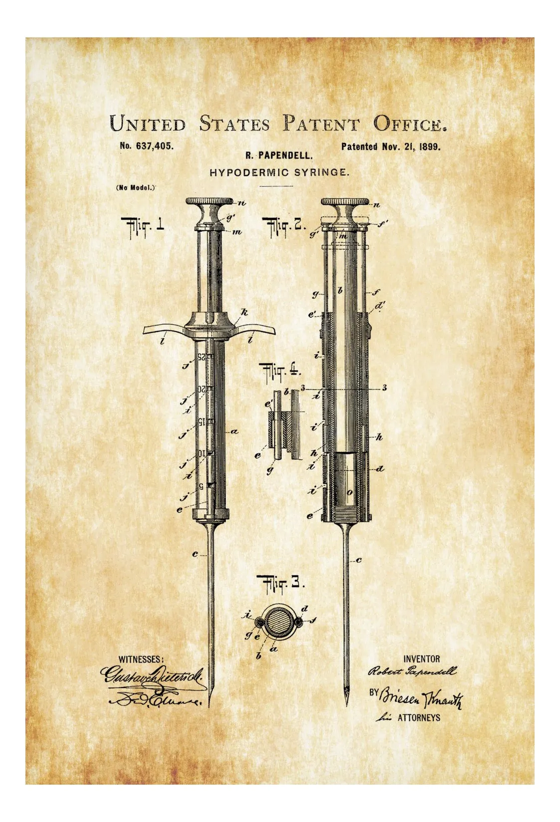 1899 Hypodermic Syringe Patent - Decor, Doctor Office Decor, Nurse Gift, Medical Art, Medical Decor, Patent Print, Surgeon Gift, Doctor Gift