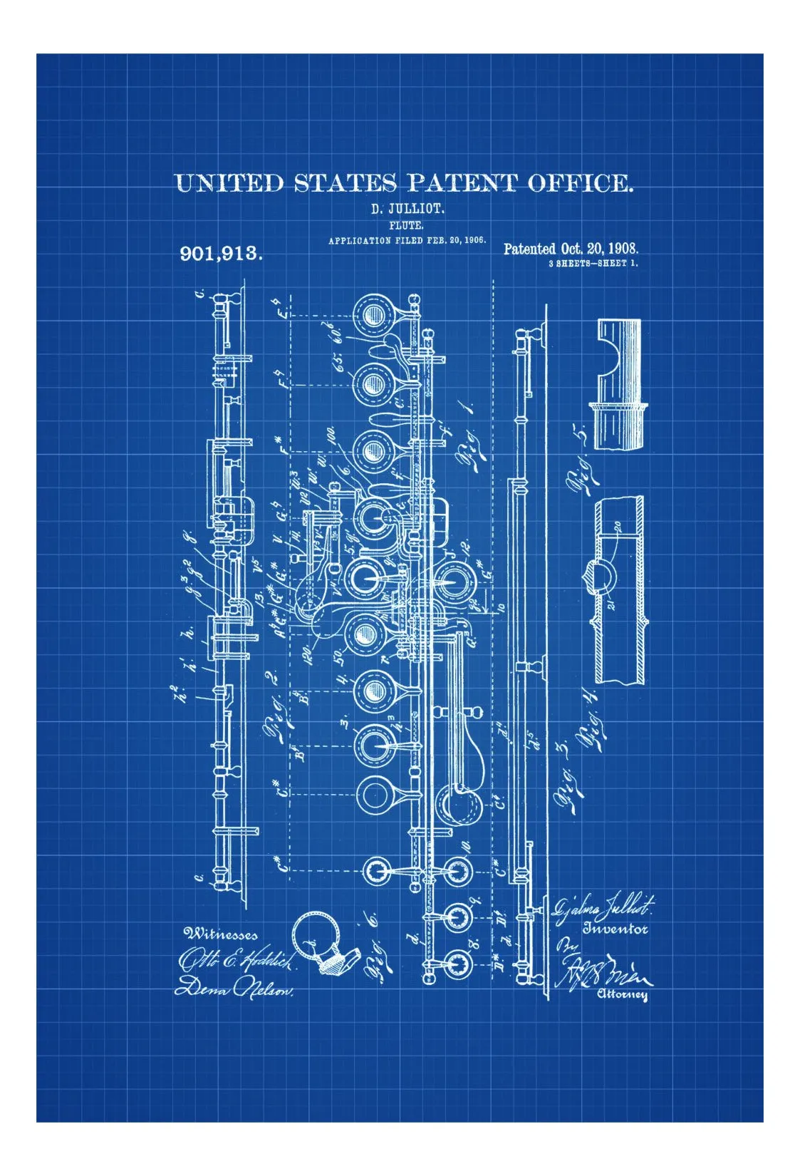 1908 Flute Patent - Patent Print, Wall Decor, Music Poster, Music Art, Musician Gift, Band Director Gift, Wind Instrument, Jazz Art,