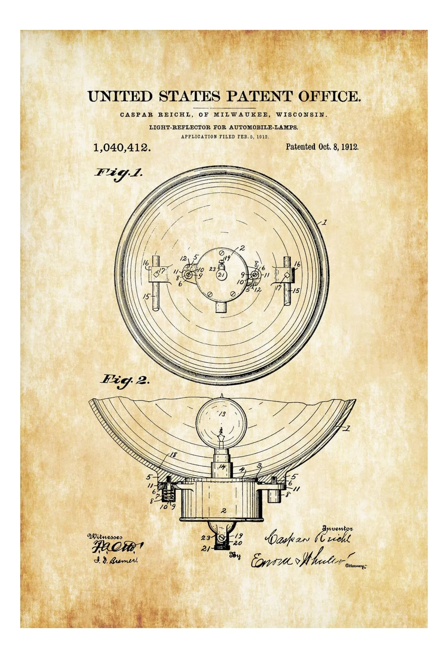1912 Automobile Headlight Patent - Patent Print, Wall Decor, Automobile Decor, Automobile Art, Car Patent, Auto Patent, Head Light Blueprint
