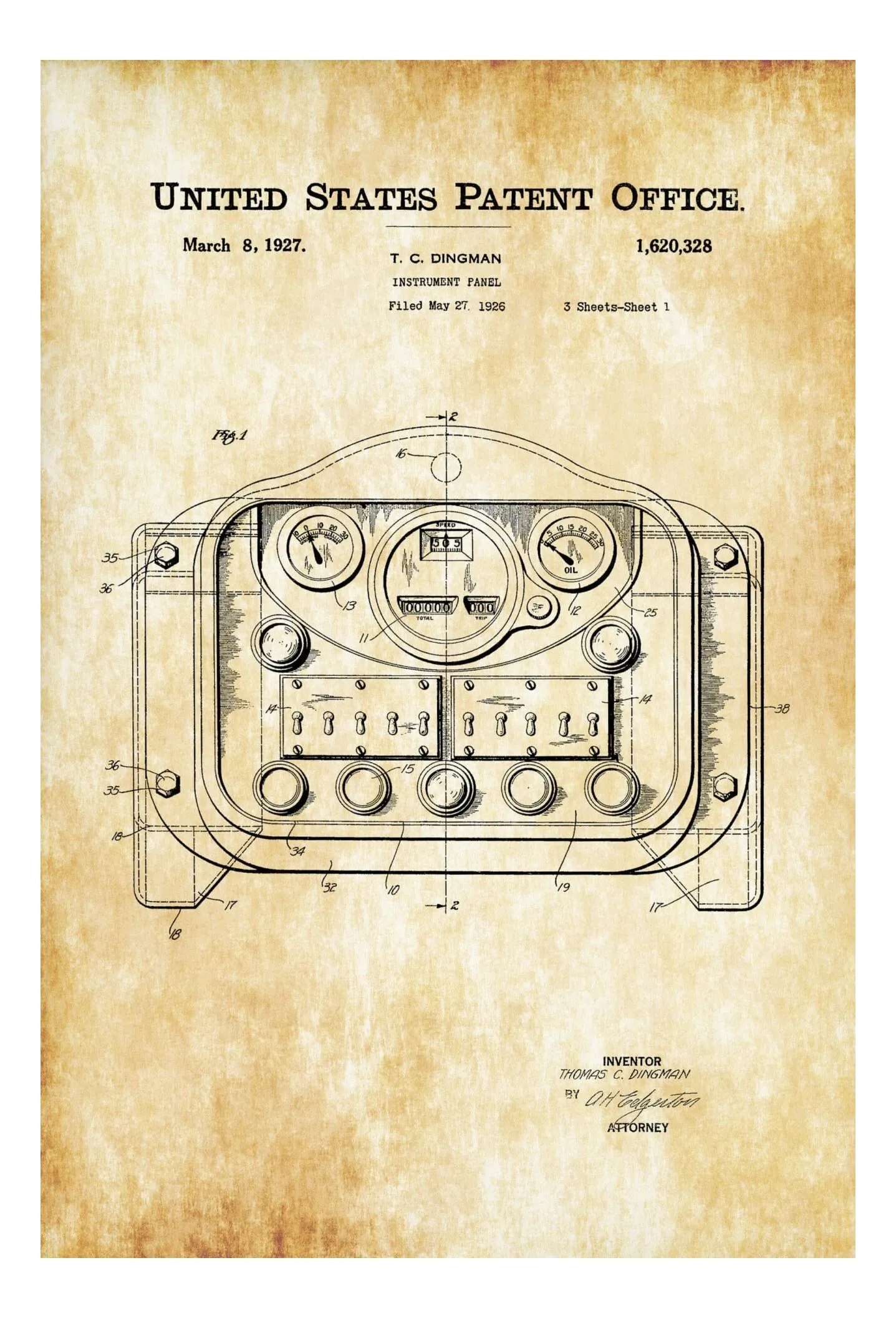 1927 Automobile Instrument Panel Patent - Patent Print, Wall Decor, Automobile Decor, Automobile Art, Car Patent, Auto Patent, Car Art