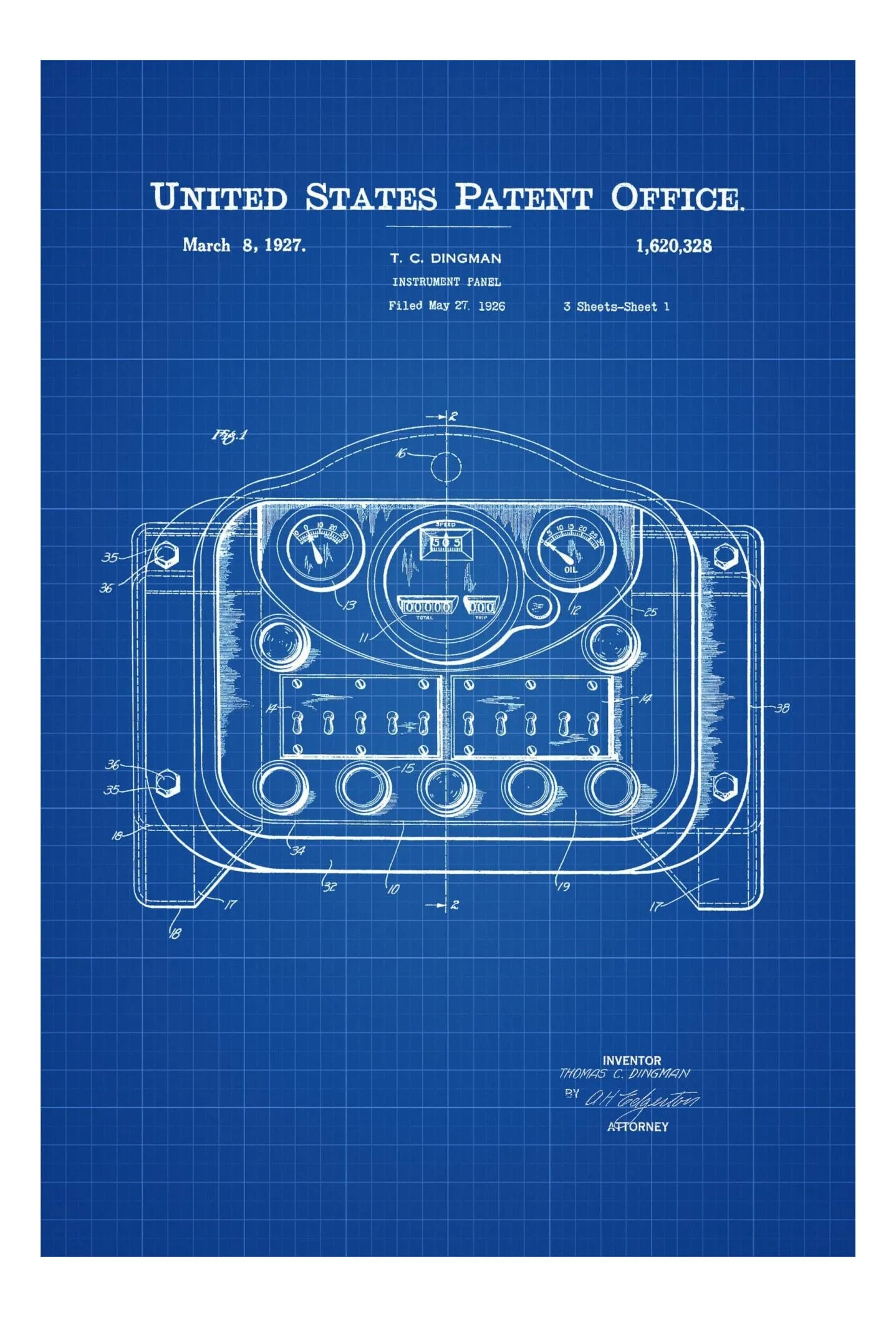 1927 Automobile Instrument Panel Patent - Patent Print, Wall Decor, Automobile Decor, Automobile Art, Car Patent, Auto Patent, Car Art