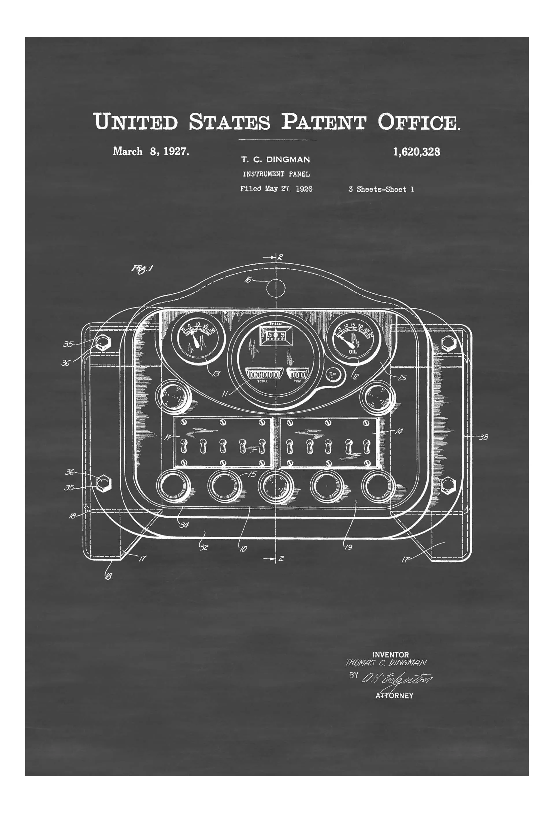 1927 Automobile Instrument Panel Patent - Patent Print, Wall Decor, Automobile Decor, Automobile Art, Car Patent, Auto Patent, Car Art
