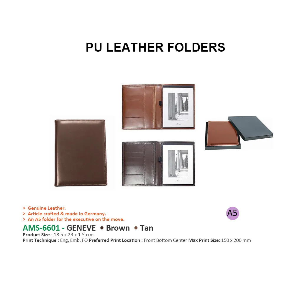 6601 Genuine Real Leather A5 Folder - Black / Brown