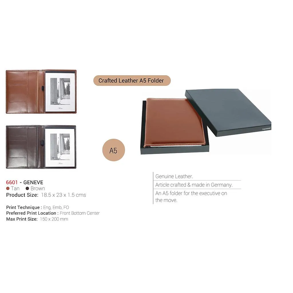 6601 Genuine Real Leather A5 Folder - Black / Brown