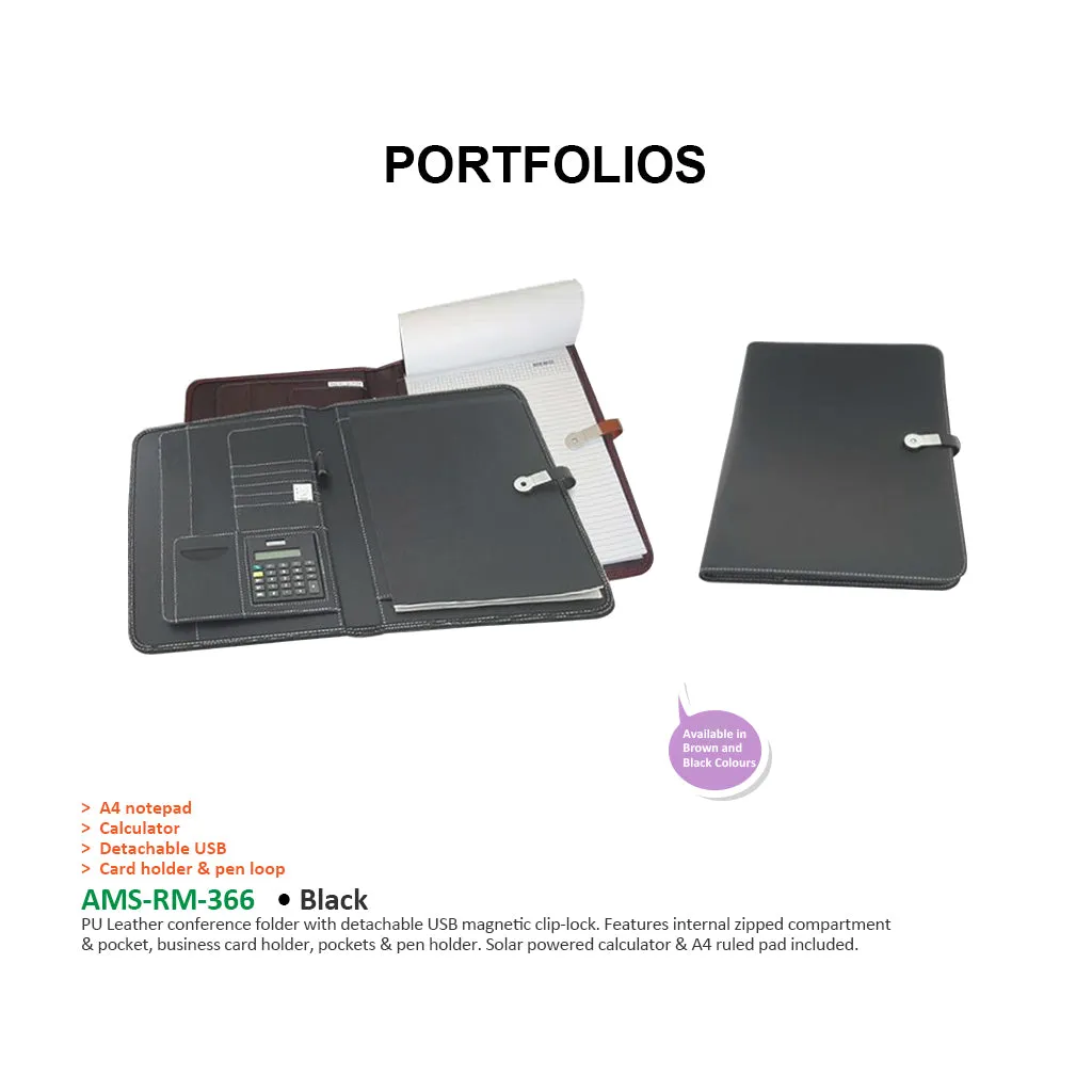AMS-RM-366 - PU Leather portfolio with detachable USB Black