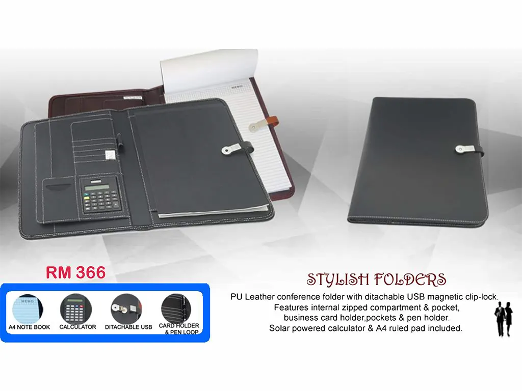 AMS-RM-366 - PU Leather portfolio with detachable USB Black