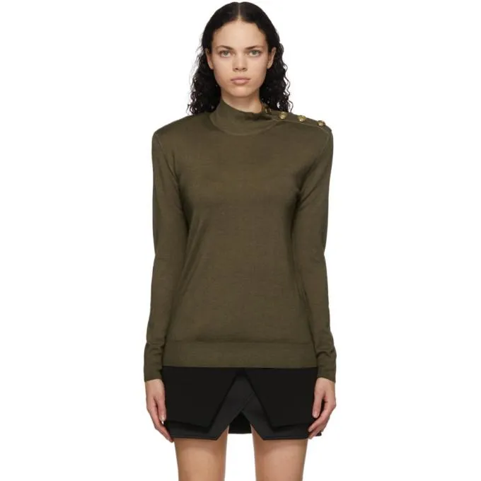 Balmain Khaki Wool and Silk Turtleneck