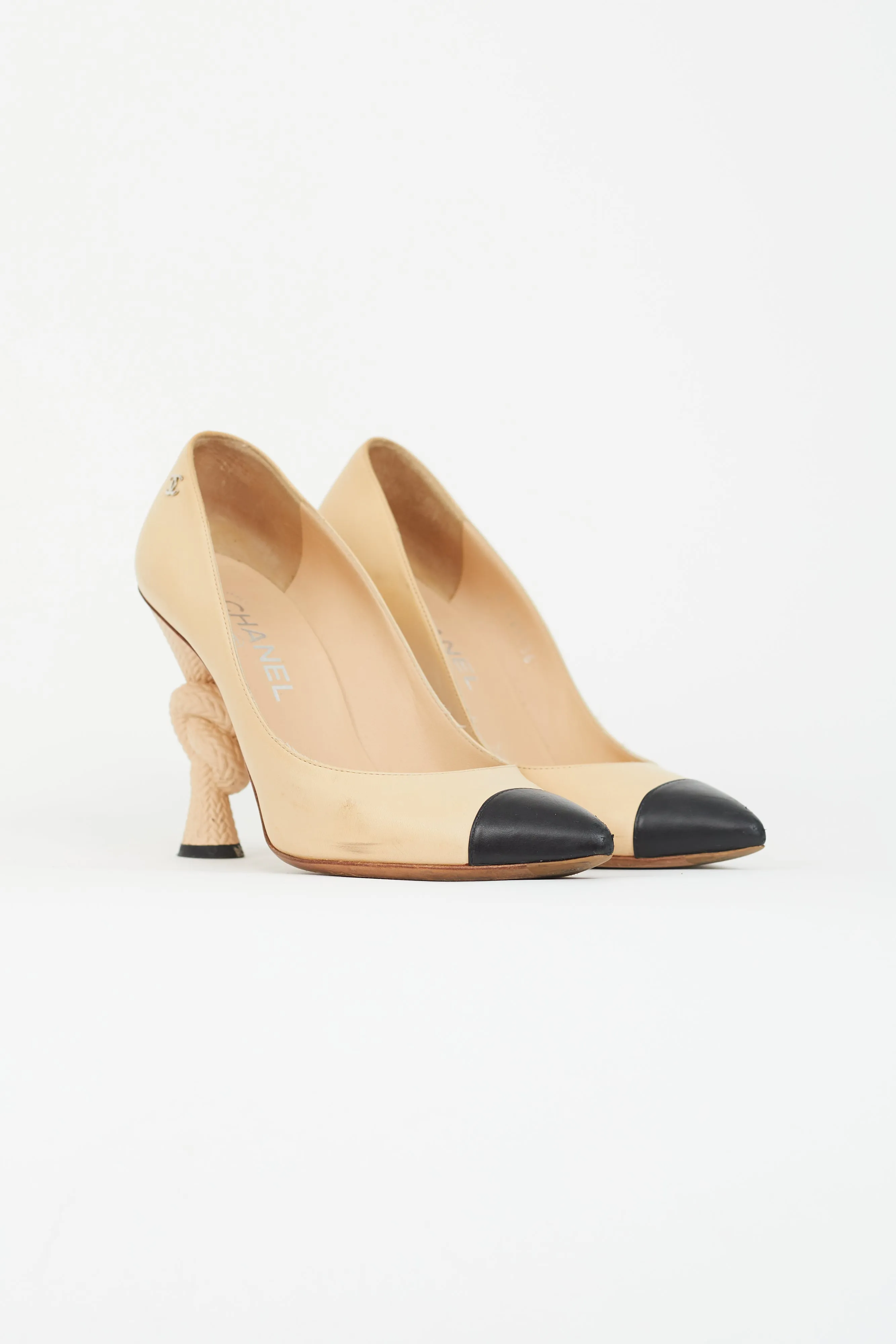 Beige Leather Knotted Heel Pump