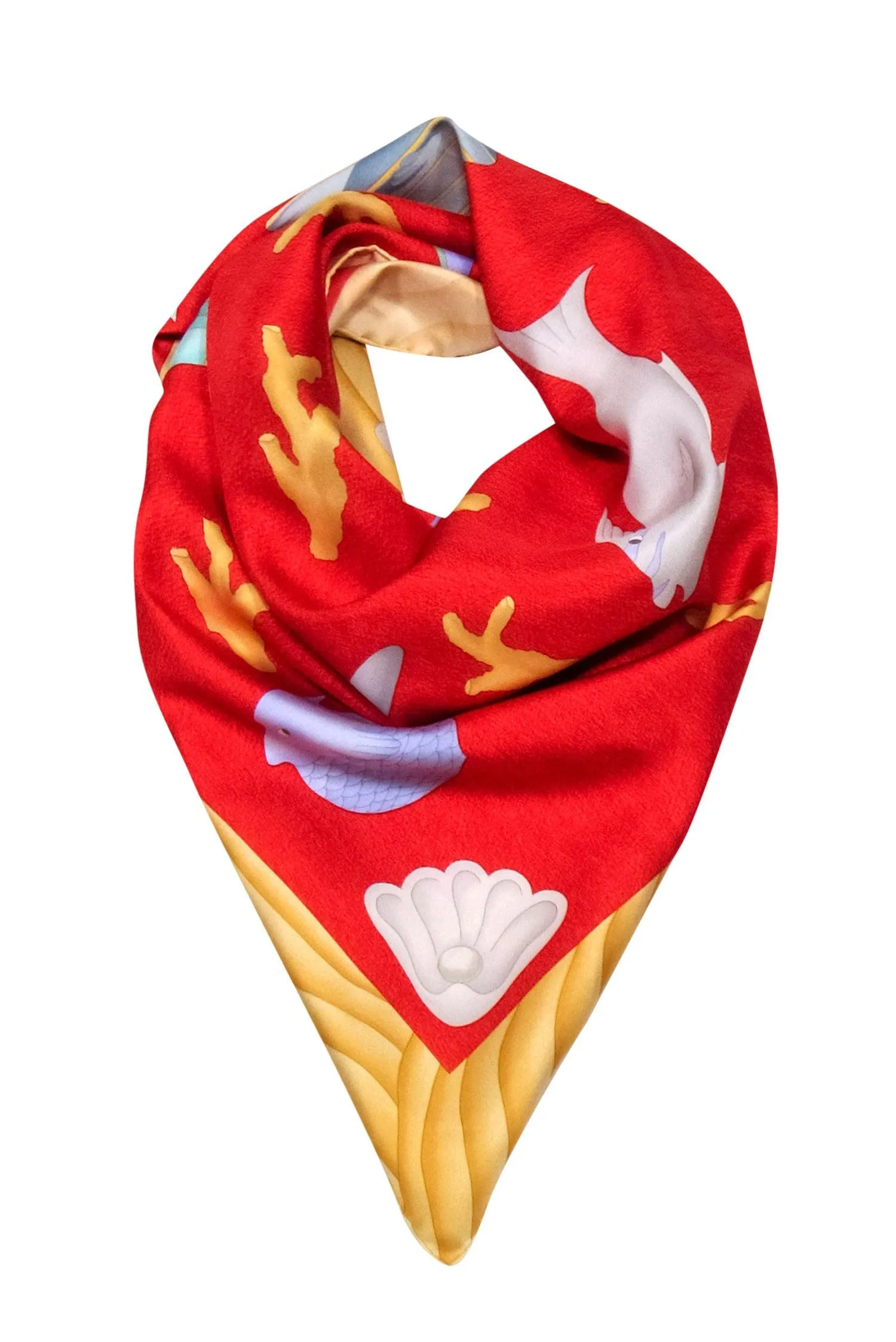 Bvlgari - Red & Golden Silk Fish Print Scarf