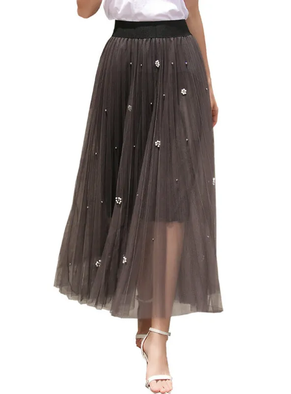 Flash Bright Silk Beaded Gauze Pleated Skirt