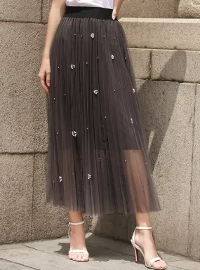 Flash Bright Silk Beaded Gauze Pleated Skirt