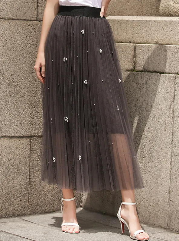 Flash Bright Silk Beaded Gauze Pleated Skirt