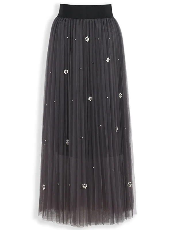 Flash Bright Silk Beaded Gauze Pleated Skirt
