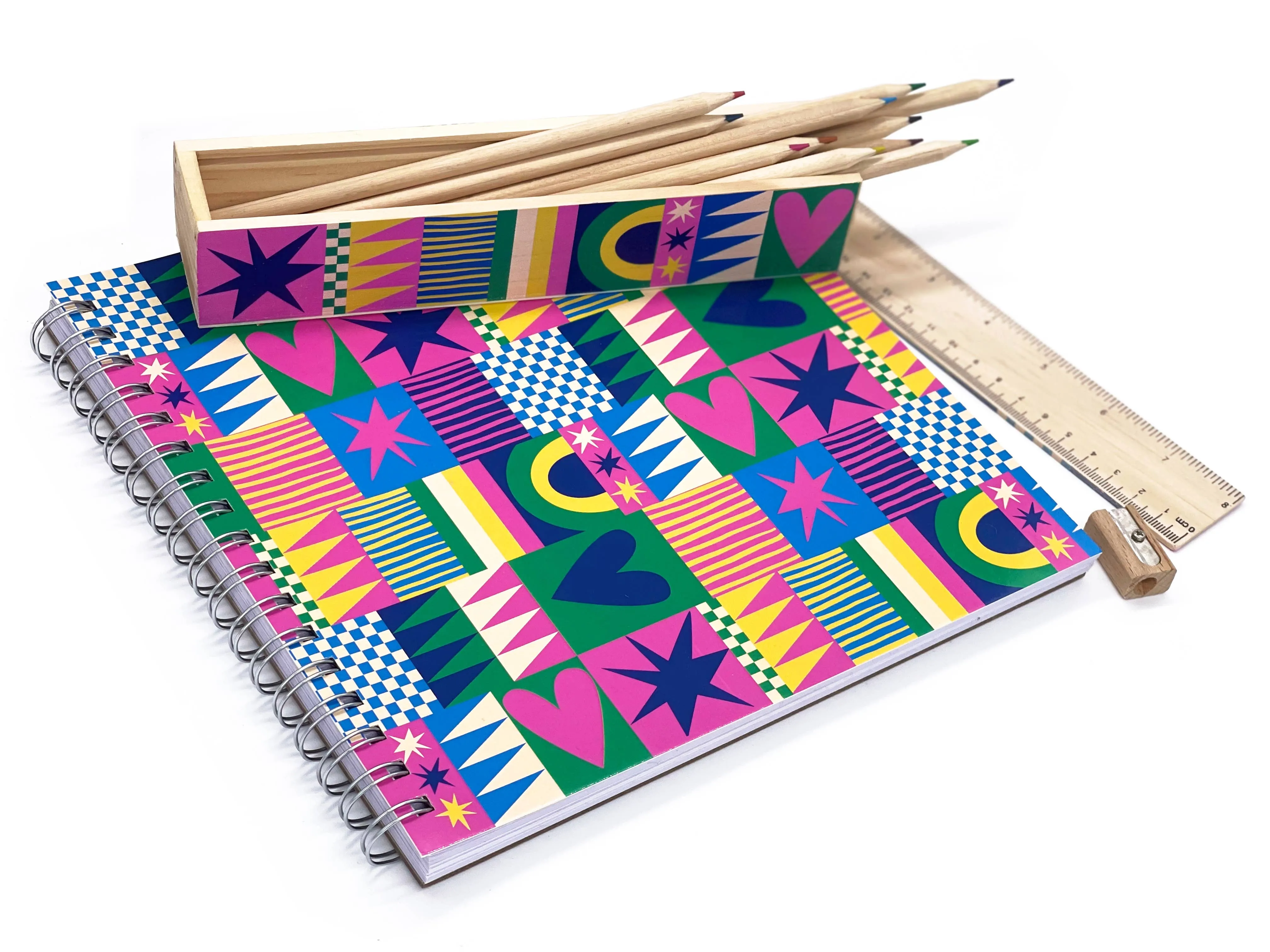 geo love pencil box   colored pencils