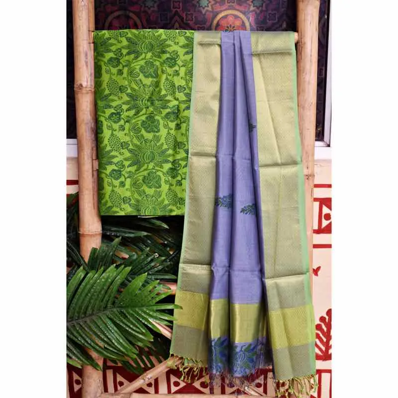 Green Block Printed Maheshwari Silk Two Piece Set