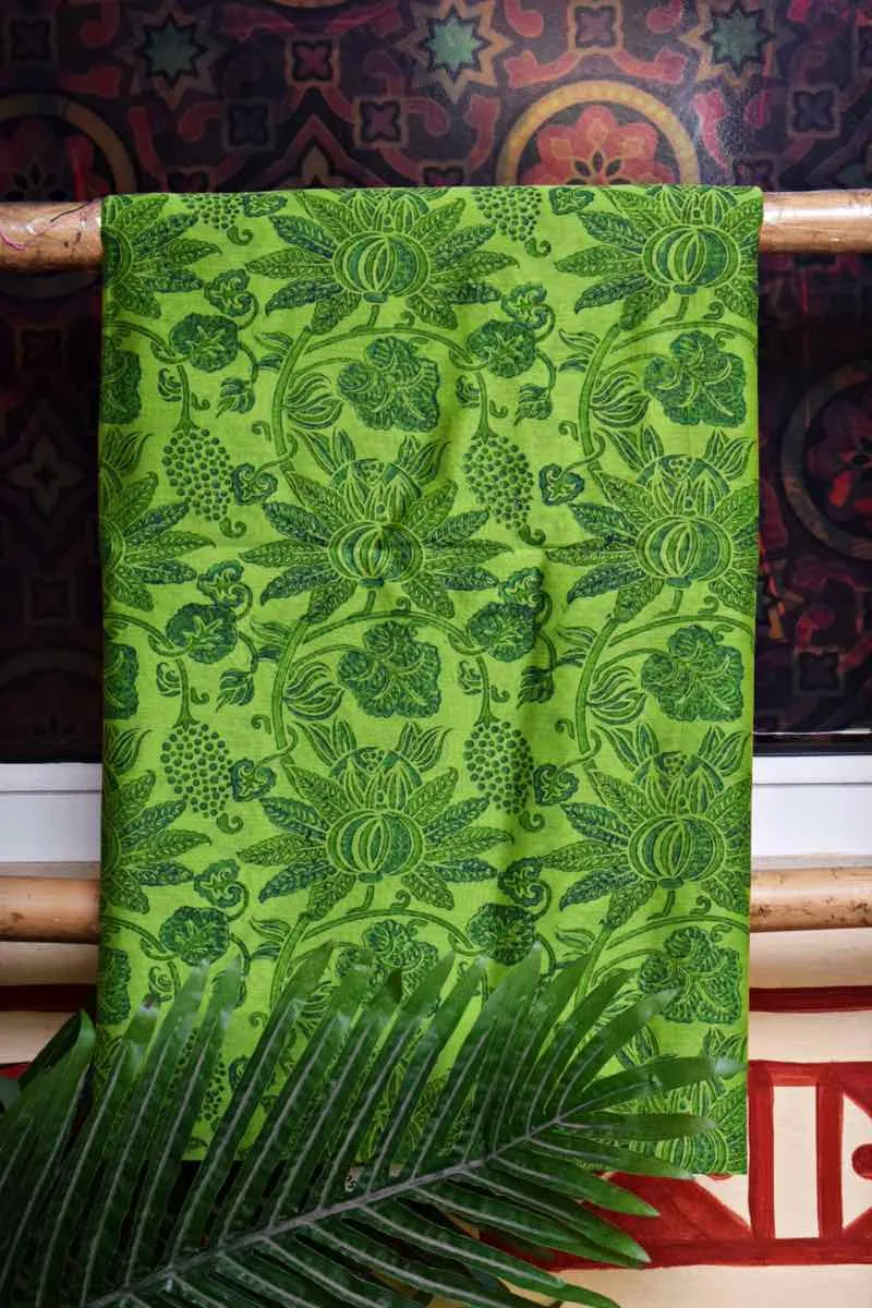 Green Block Printed Maheshwari Silk Two Piece Set
