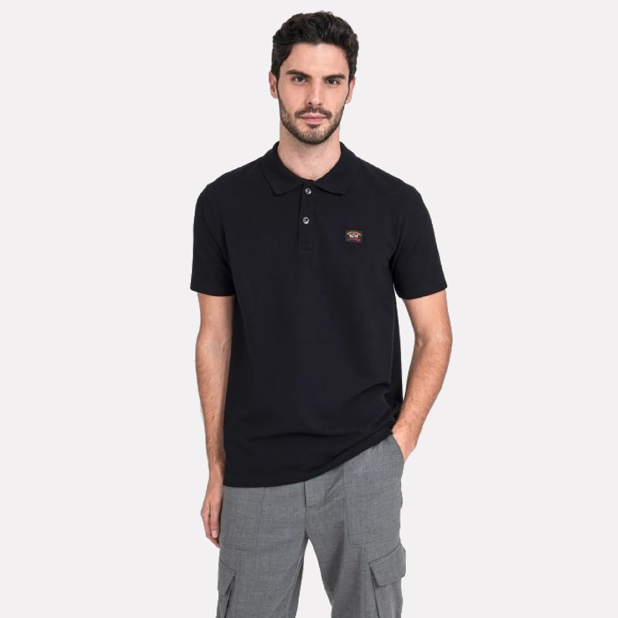 Heritage Logo Cotton Pique Polo Shirt with Open Sleeve / Black