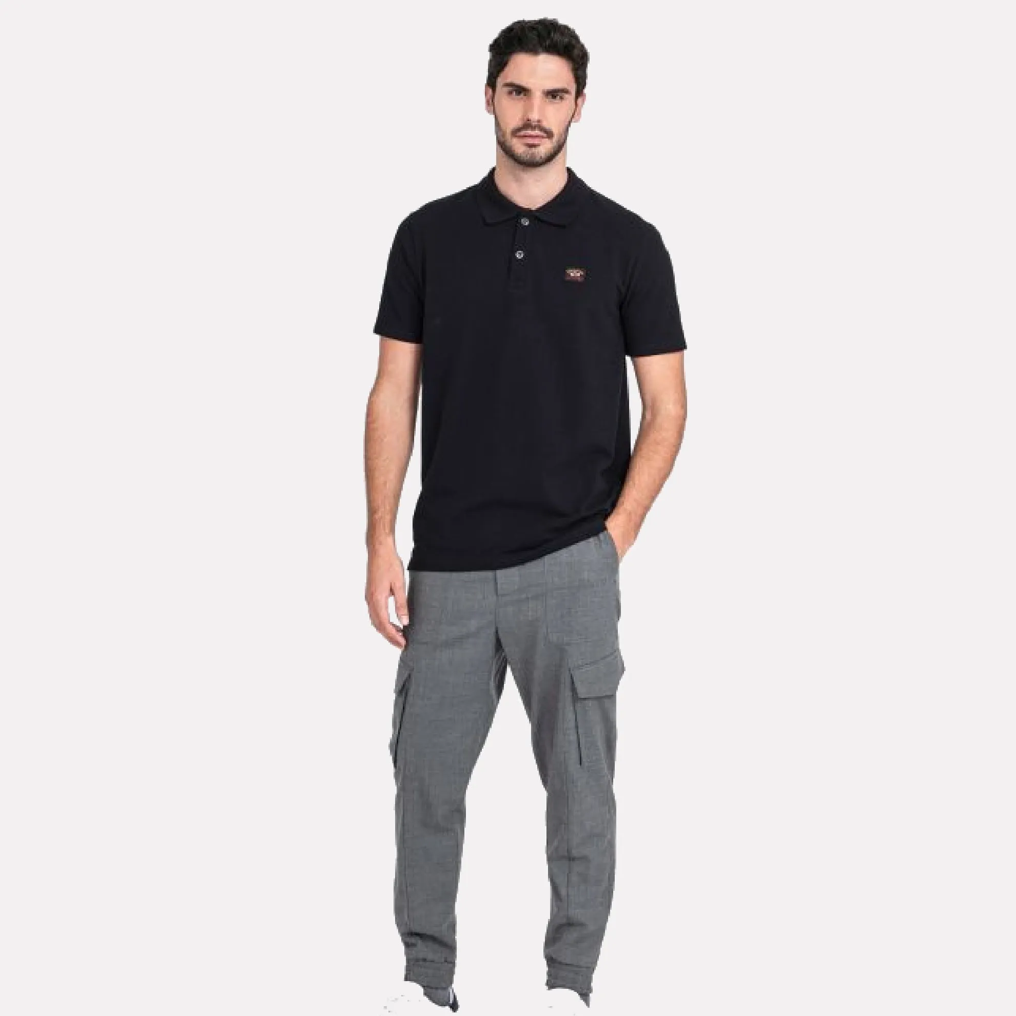 Heritage Logo Cotton Pique Polo Shirt with Open Sleeve / Black