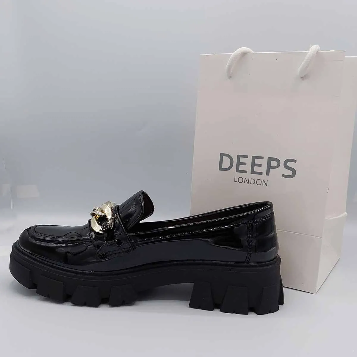 HONEY BLACK PATENT FLAT LOAFER WITH CHAIN DETAIL AND CHUNKY PLATFORM
