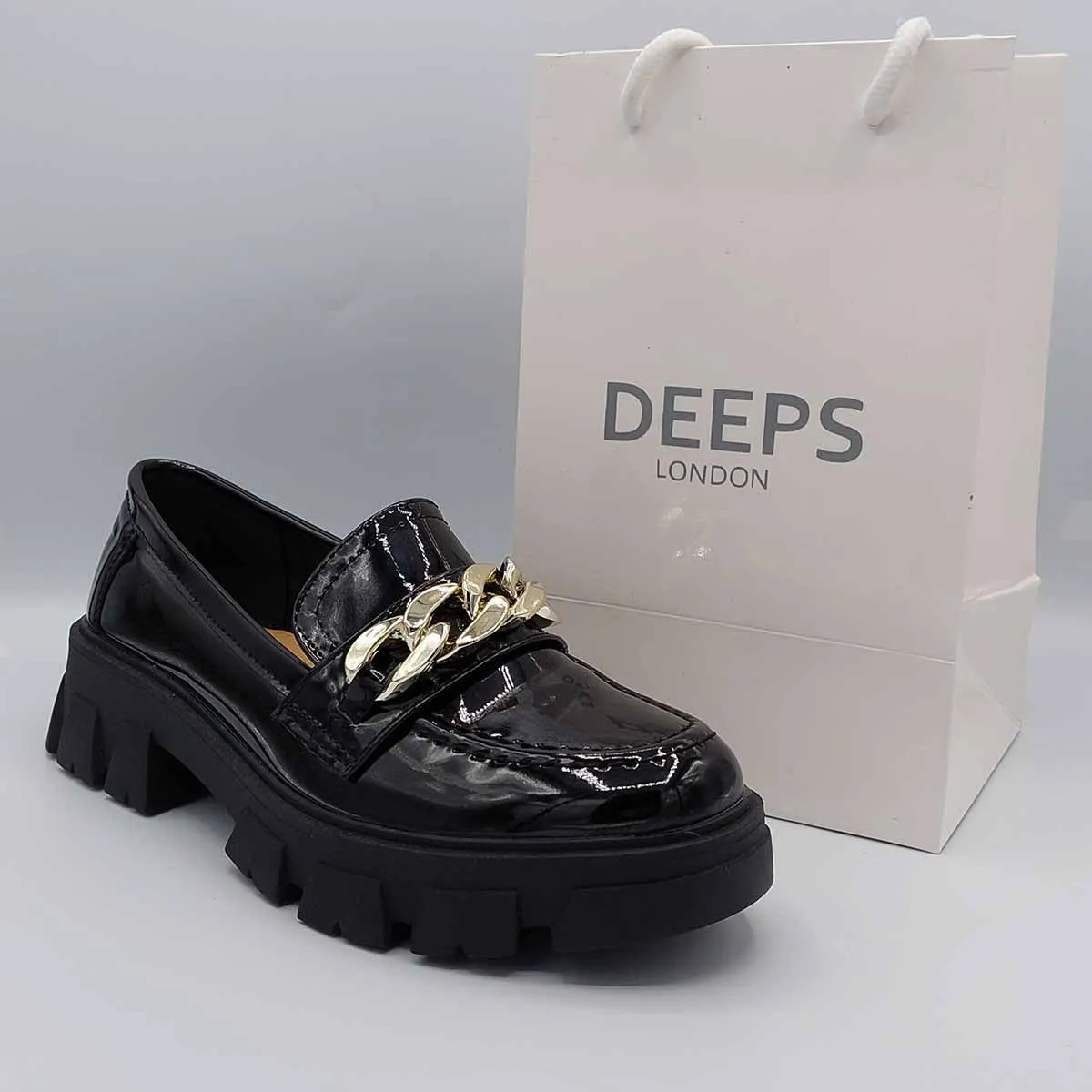 HONEY BLACK PATENT FLAT LOAFER WITH CHAIN DETAIL AND CHUNKY PLATFORM