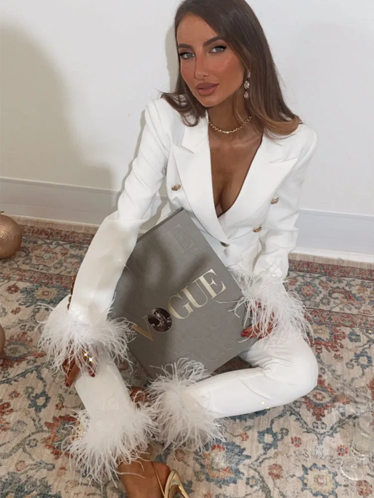 Jodi White Detachable Feather Details Slim Fit Trousers