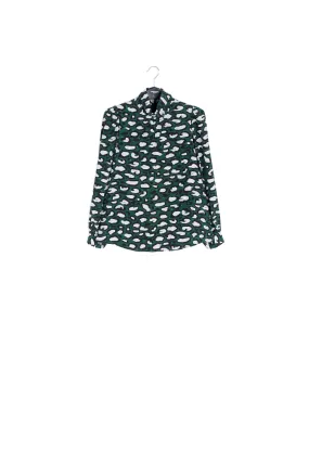 Khaki green silk top with stand-up collar and leopard print