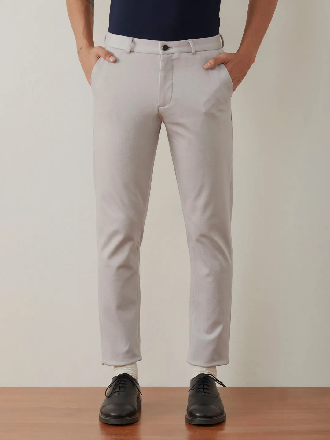 Light Grey Plain Bi-Stretch Trousers
