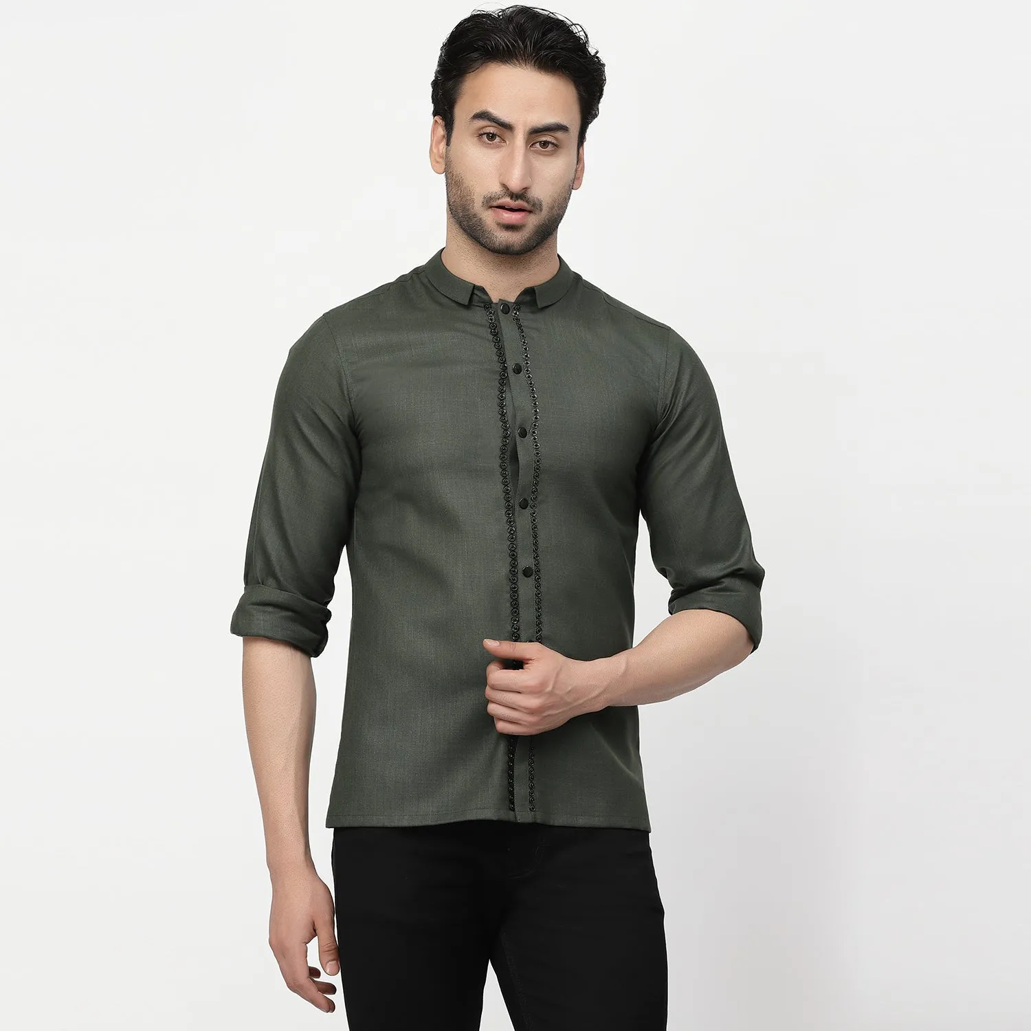 Linen Shirt With Tich Button Embroidery