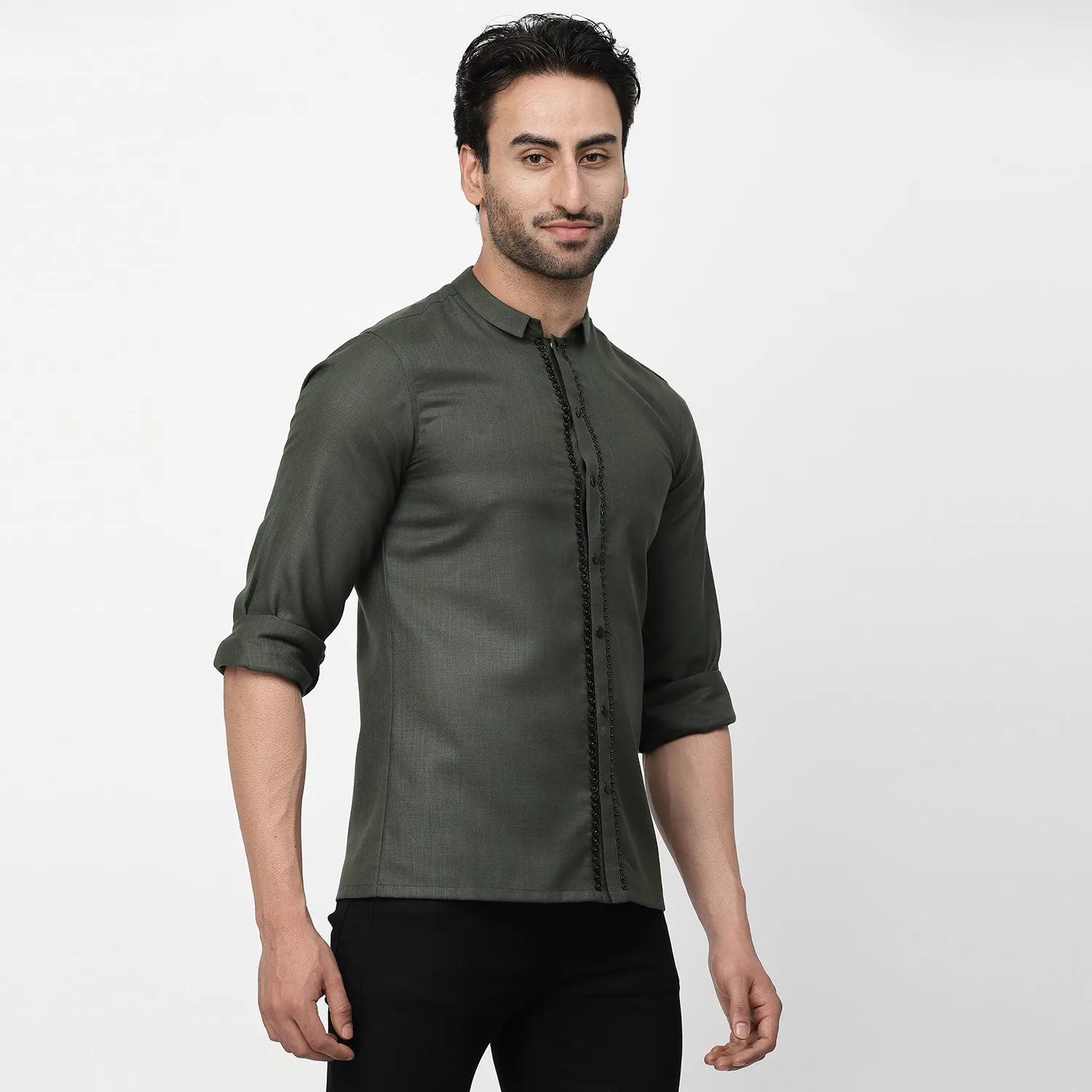 Linen Shirt With Tich Button Embroidery