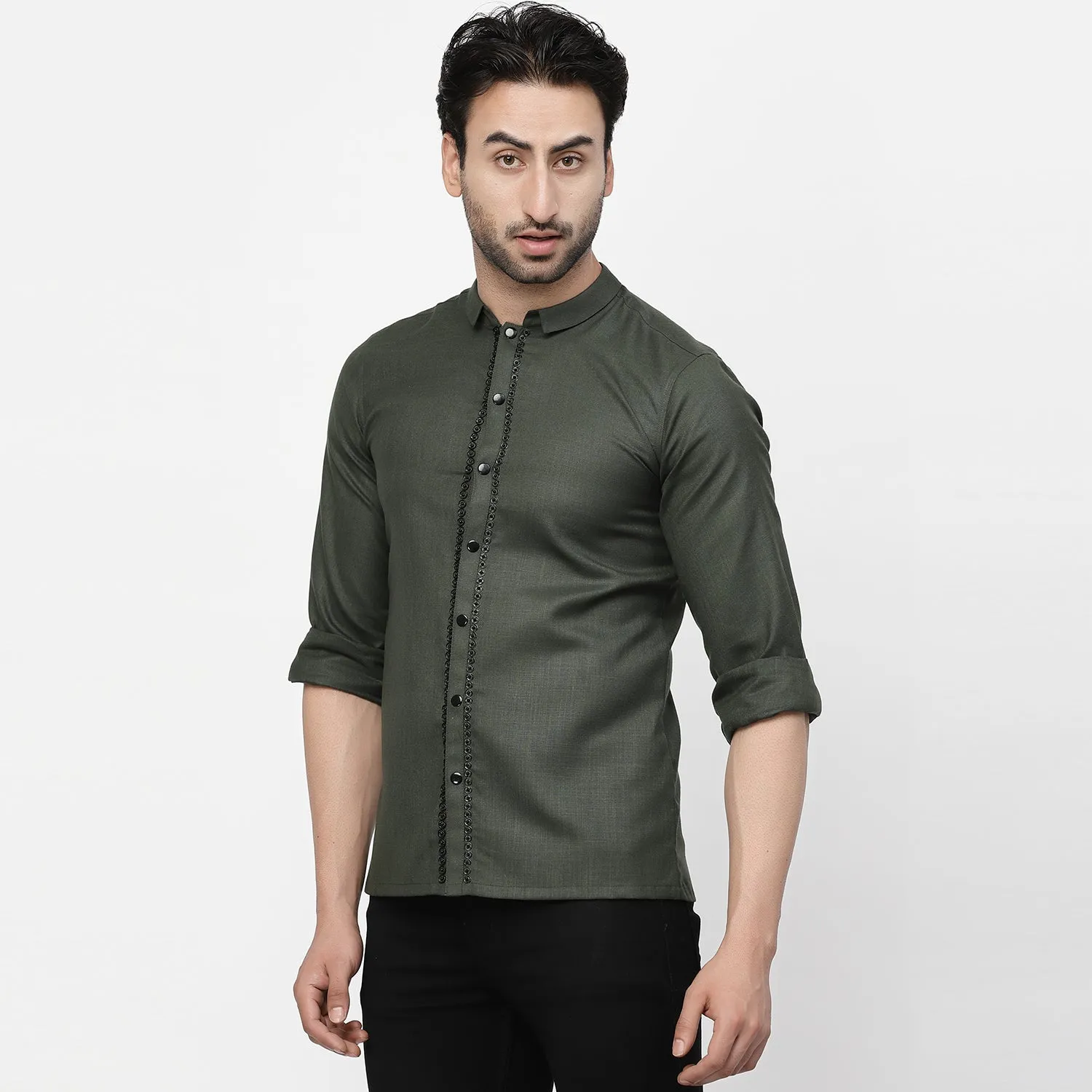 Linen Shirt With Tich Button Embroidery