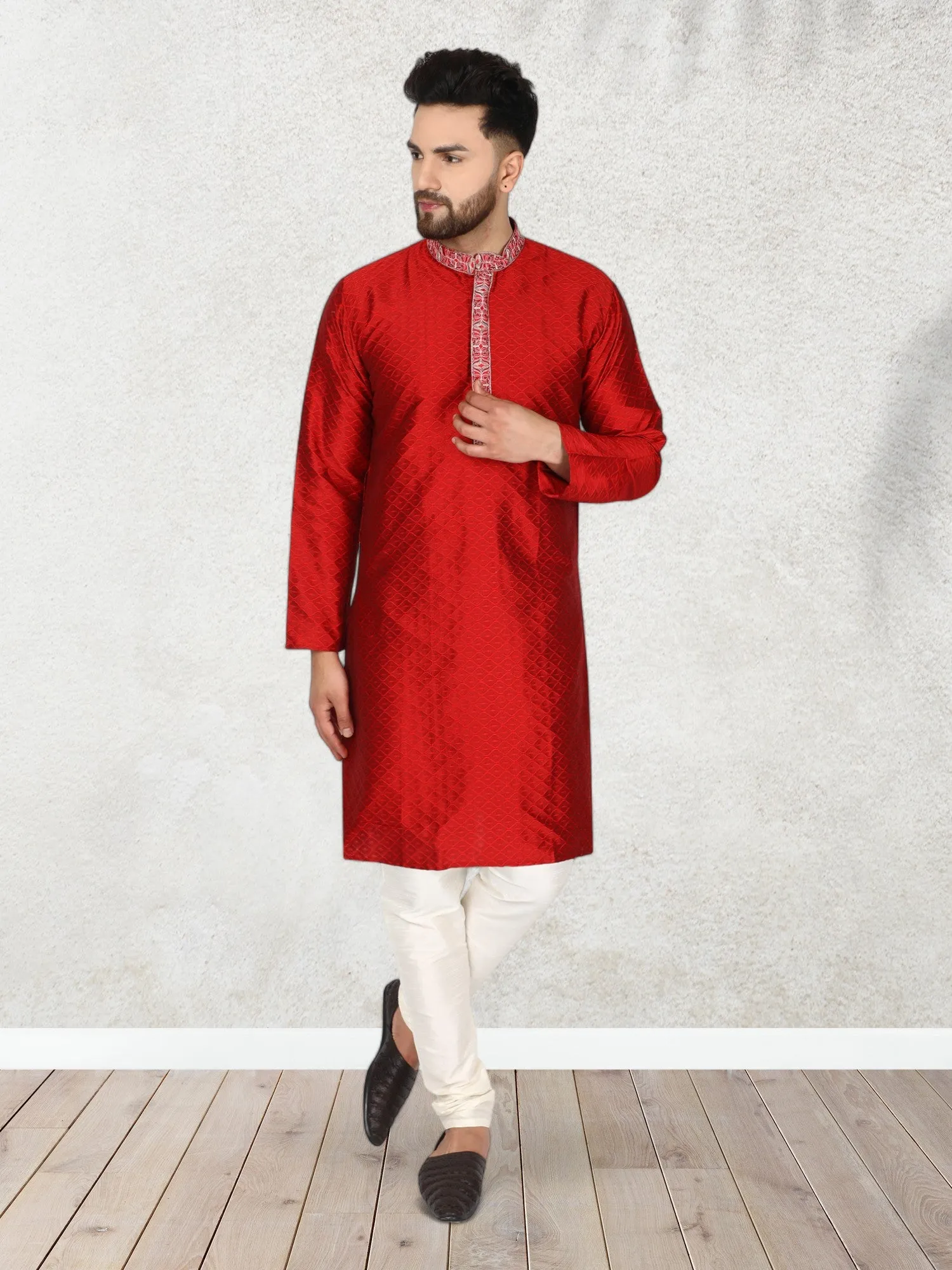Men's Art Silk Kurta Pajama Indian Traditional Wedding Party Festive Season Dress Set Red