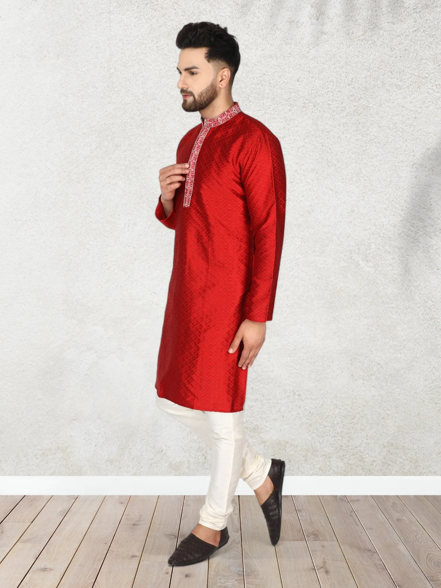 Men's Art Silk Kurta Pajama Indian Traditional Wedding Party Festive Season Dress Set Red