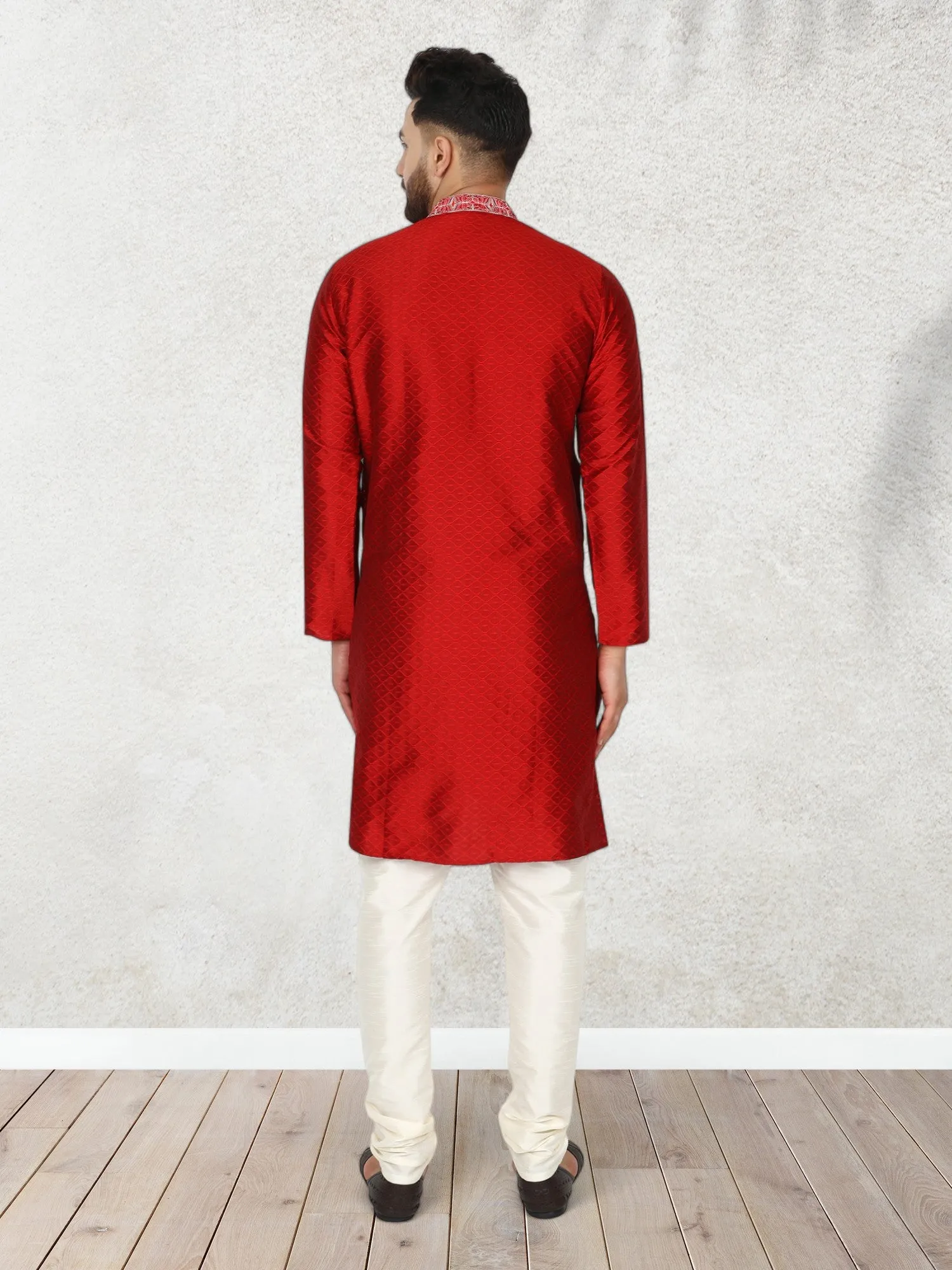 Men's Art Silk Kurta Pajama Indian Traditional Wedding Party Festive Season Dress Set Red