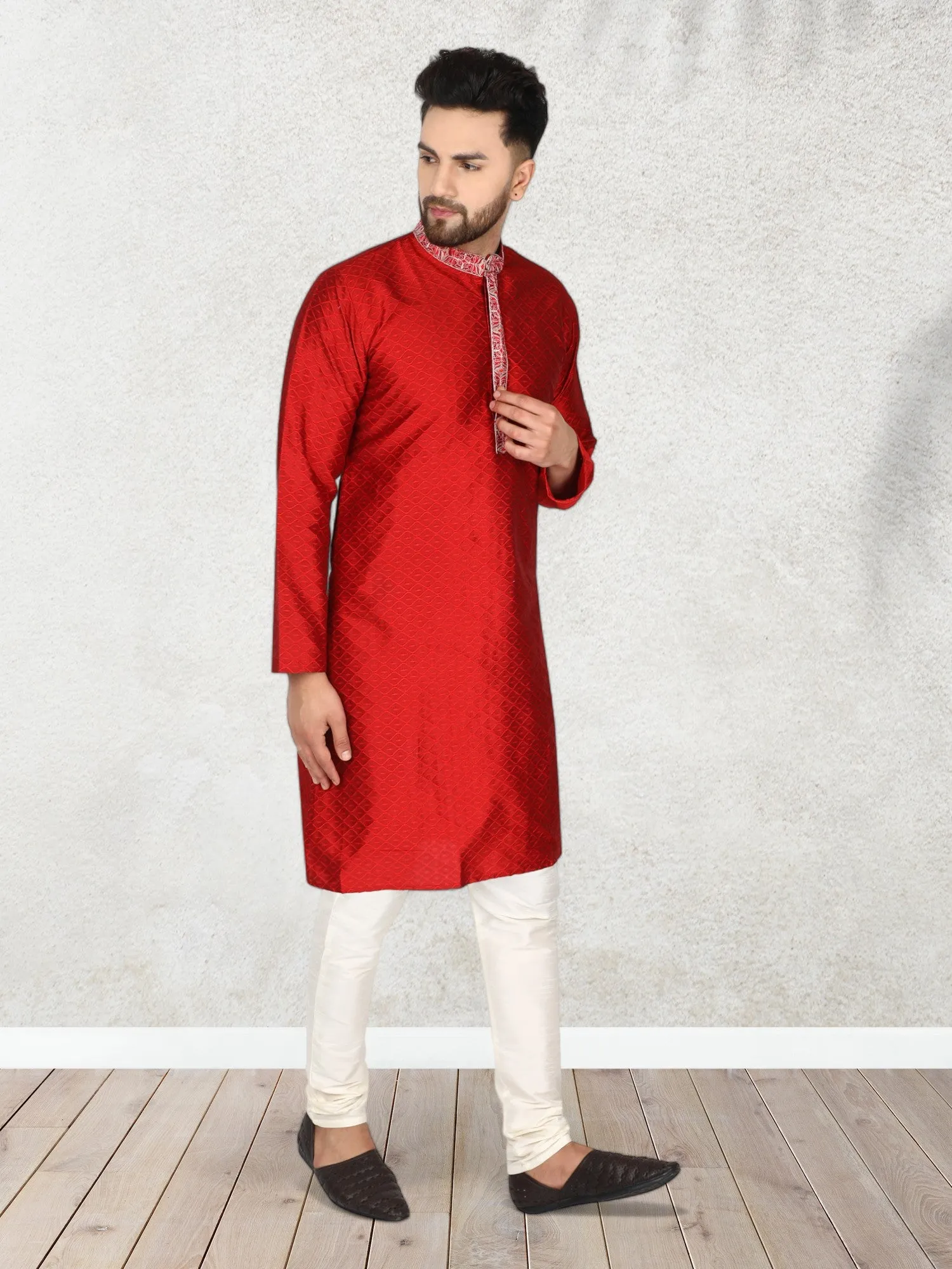 Men's Art Silk Kurta Pajama Indian Traditional Wedding Party Festive Season Dress Set Red