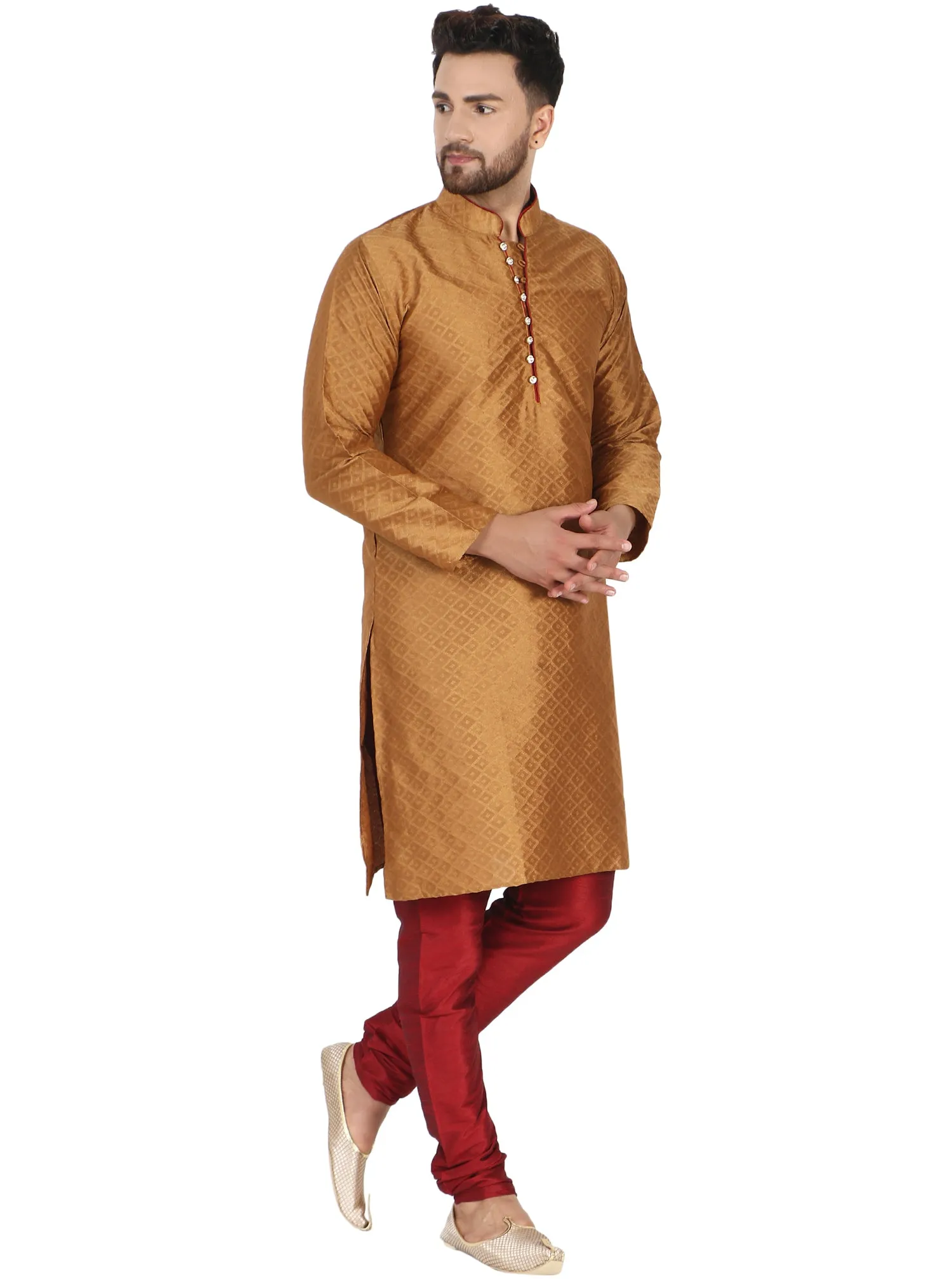 Men's Indian Art Silk Kurta Pajama Wedding Party Festive Season Dress Set Brown