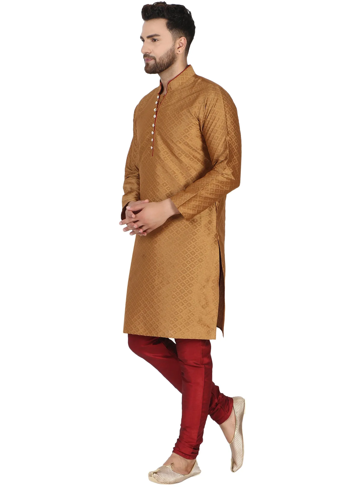 Men's Indian Art Silk Kurta Pajama Wedding Party Festive Season Dress Set Brown