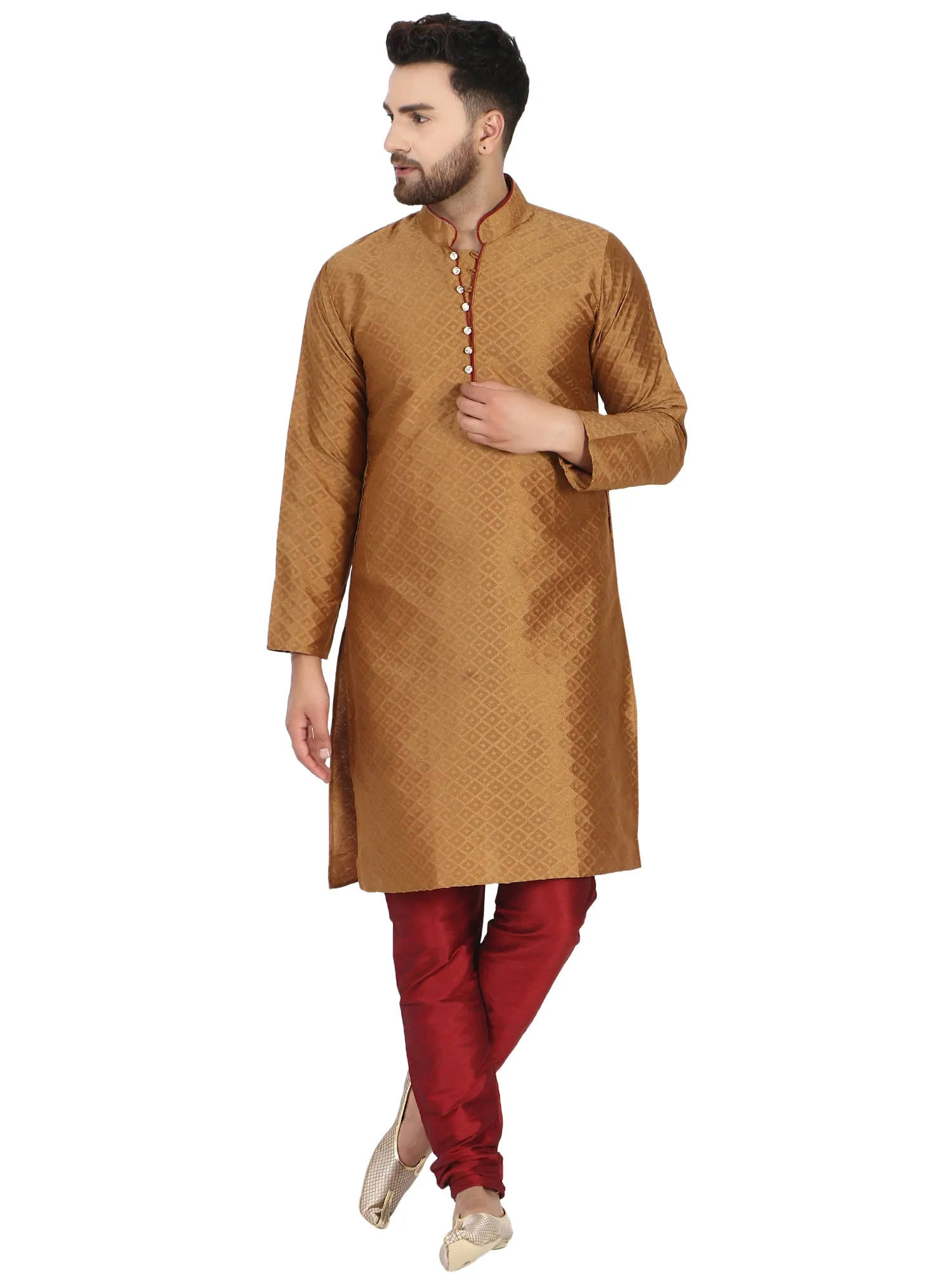 Men's Indian Art Silk Kurta Pajama Wedding Party Festive Season Dress Set Brown