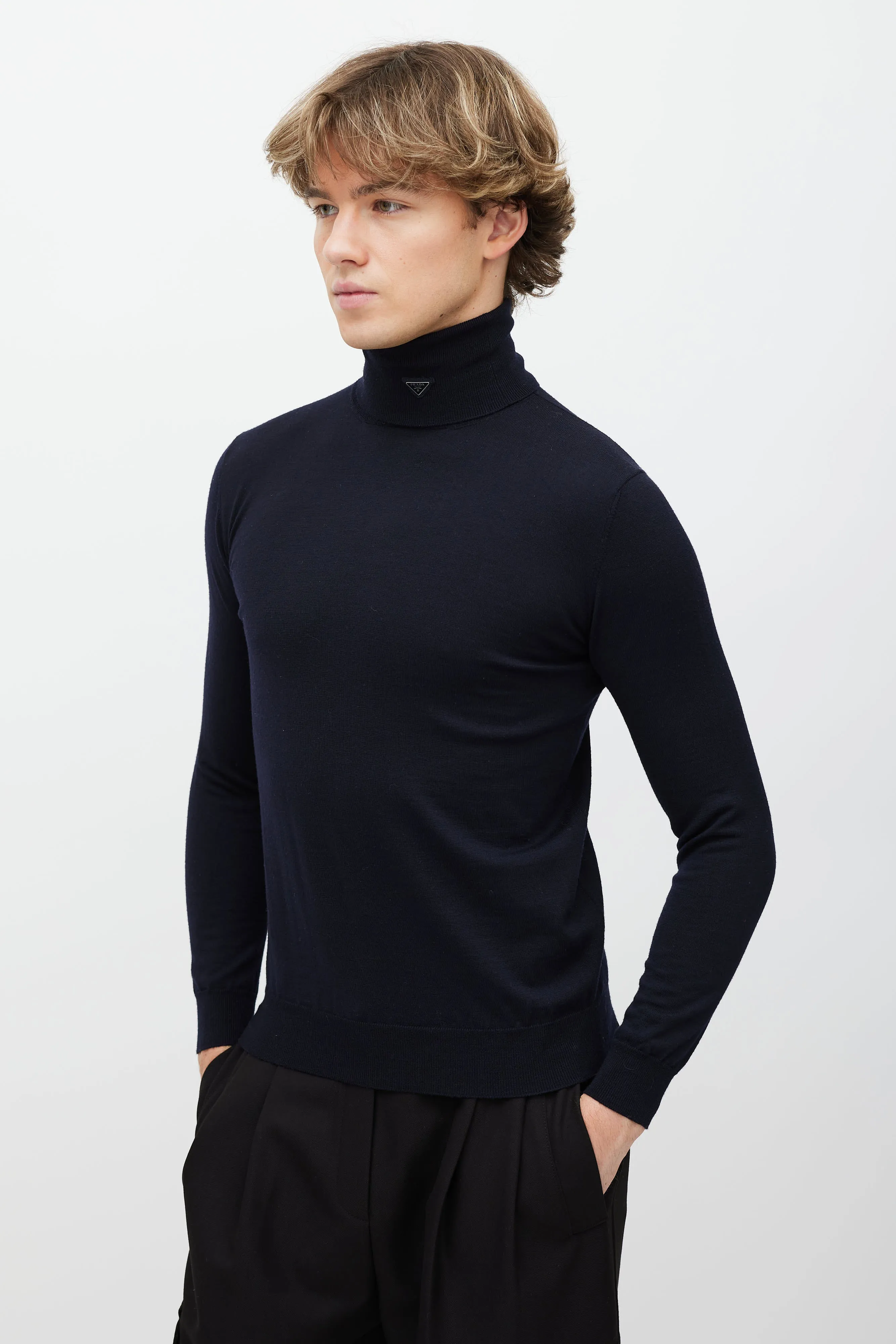 Navy Wool Triangle Logo Turtleneck