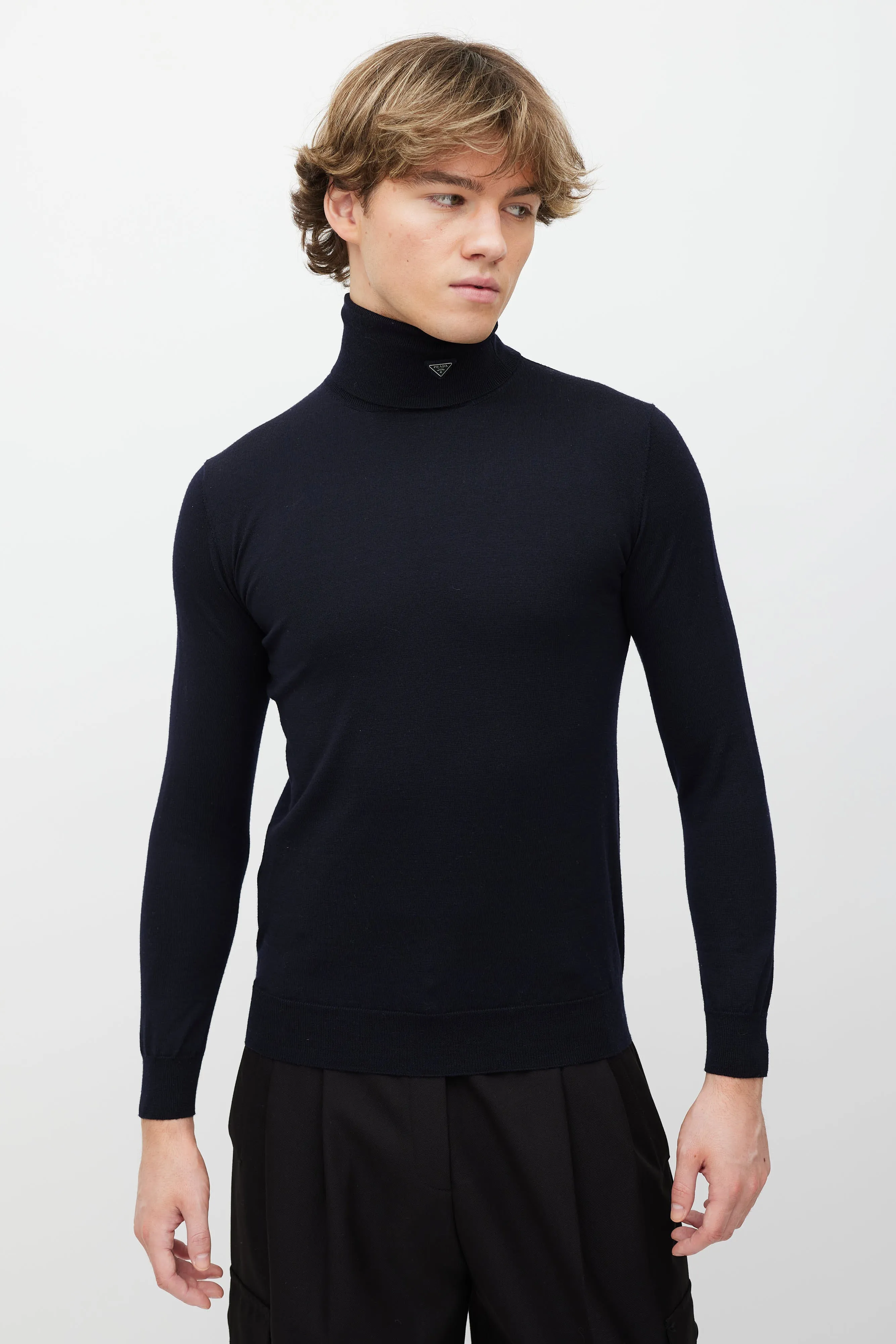 Navy Wool Triangle Logo Turtleneck