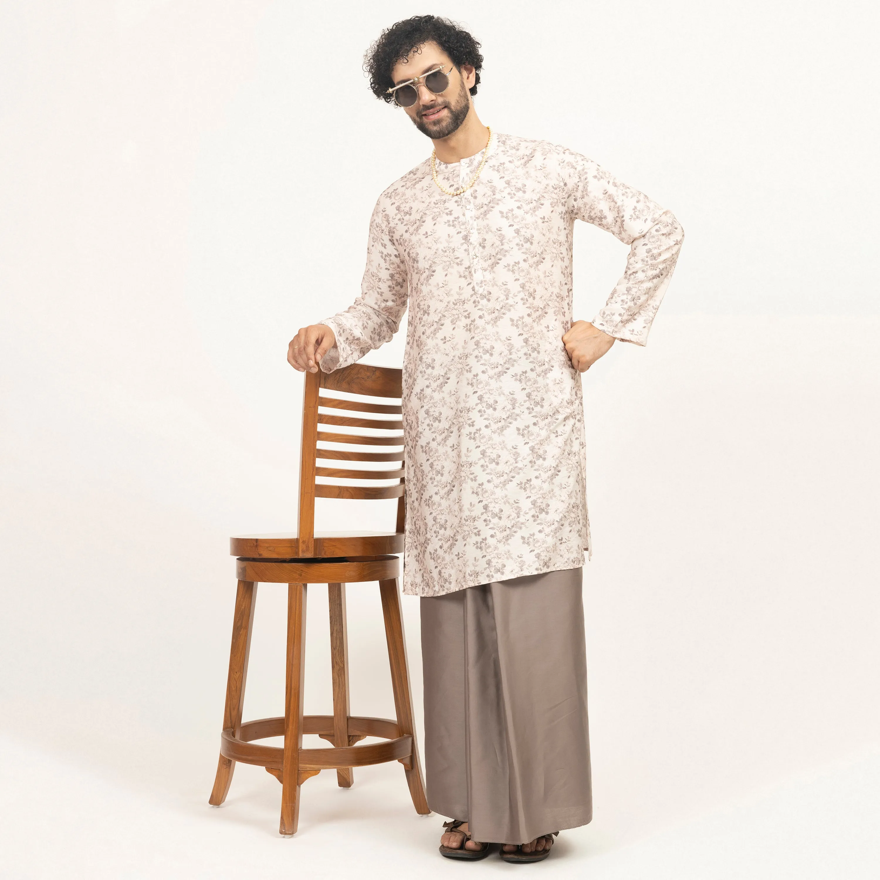 Off-White Floral Printed Kurta